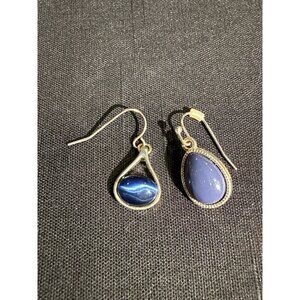 Blue Cats Eye Teardrop Dangle Earrings In Elegant Gold Trim - Quirky Gemstone Ac